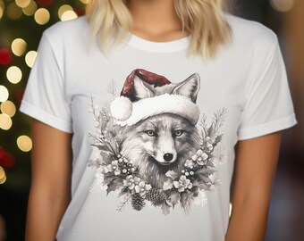 Christmas Fox Shirt, Cute Fox Shirt, Xmas Tshirt, Fox Cottagecore Tshirt, Vintage Forest T-Shirt, Forest Animal Shirt, Santa Hat Fox Tee