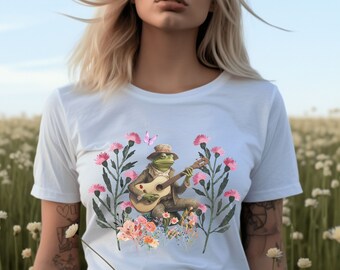 Cottagecore Toad Shirt, Frog Shirt, Toad Guitar T-Shirt, Fairycore T-Shirt, Floral Frog Tee, Toad Playing Guitar Tshirt, Floral Goblincore