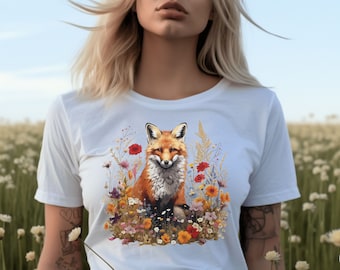 Fox Cottagecore Shirt, Pressed Flower TShirt, Forestcore T Shirt, Goblincore T-Shirt, Vintage Wild Flowers Tee, Boho Animal, Forest T Shirt
