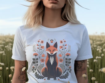 Fox Cottagecore Shirt, Pressed Flower Shirt, Forestcore T Shirt, Goblincore T-Shirt, Vintage Wild Flowers Tee, Boho Animal, Abstract Fox Tee