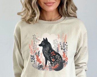 Wolf Cottagecore Sweatshirt, Pressed Flowers Sweater, Vintage Forest Butterfly Sweater, Forestcore Pullover, Woodland Wildlife Animal