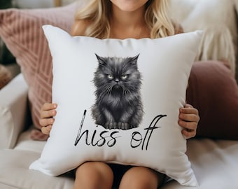 Black Cat Funny Pillow, Cute Caption Pillow, Hiss Off Pillow, Halloween Throw Pillow, Cat Lovers Gift, Gift For Her, Feline Decor
