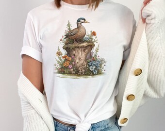 Duck on a Stump T-shirt, Cottagecore Floral Shirt, Boho Flower Tee, Garden Lover T-Shirt, Forrestcore Teeshirt, Mallard Teeshirt, Duck Shirt