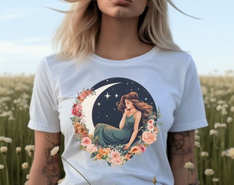 Moon Girl Floral Shirt, Lunar Tshirt, Fairycore T-Shirt, Goblincore Shirt, Witchy Whimsigoth Teeshirt, Celestial Top, Green Witch Tee