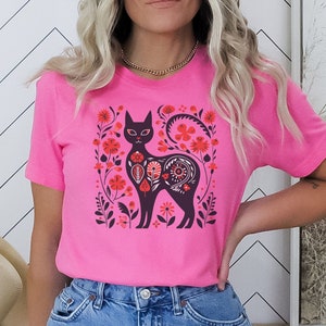 Chemise Cat Cottagecore, Chemise à fleurs pressées, T-shirt Forestcore, T-shirt Goblincore, Tee-shirt fleurs sauvages vintage, Animal Boho, Tee-shirt chat abstrait