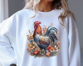 Rooster Cottagecore Sweatshirt, Pressed Flowers Sweater, Vintage Forest Sweater,  Forestcore Pullover, Rooster Shirt, Rooster Sweater