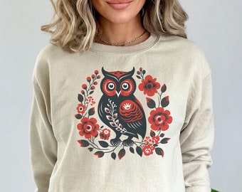 Owl Cottagecore Sweatshirt, Pressed Flowers Sweater, Vintage Forest Sweater, Forestcore Pullover, Woodland Wildlife Animal, Abstract Owl Top