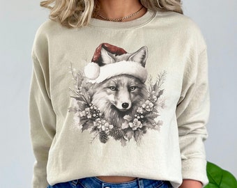 Kerst Fox Sweatshirt, Kerst Fox Trui, Cottagecore Fox Top, Boho Fox Sweatshirt, Santa Hat Trui, Grillige Forestcore Sweatshirt