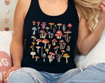 Camiseta sin mangas Cottagecore Mushrooms, camisa de setas vintage, camiseta sin mangas hippie, camisa Boho Goblincore, top floral de los años 70, camisa de hongos, tanque Racerback