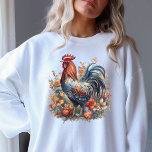 Rooster Cottagecore Sweatshirt, Pressed Flowers Sweater, Vintage Forest Sweater,  Forestcore Pullover, Rooster Shirt, Rooster Sweater