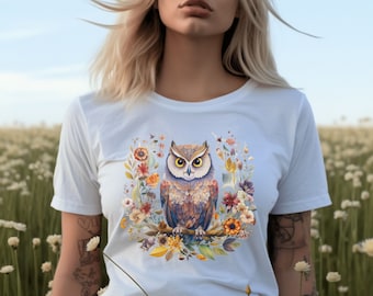 Floral Owl Shirt, Flower Owl T shirt, Pressed Flower T-Shirt, Owl Tee, Garden Lover Shirt, Nature Tee, Owl Shirt, Cute Owl Shirt