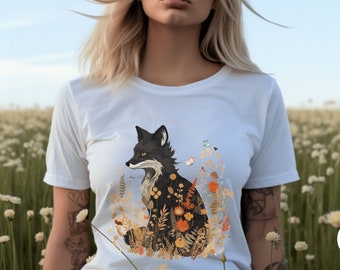 Fox Cottagecore Shirt, Pressed Flowers T-Shirt, Vintage Forest Butterfly Tshirt, Forestcore Pullover, Young Fox Shirt, Fox Shirt, Floral Tee