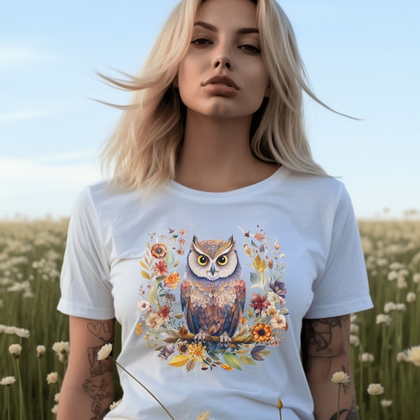 Floral Owl Shirt, Flower Owl T shirt, Pressed Flower T-Shirt, Owl Tee, Garden Lover Shirt, Nature Tee, Owl Shirt, Cute Owl Shirt