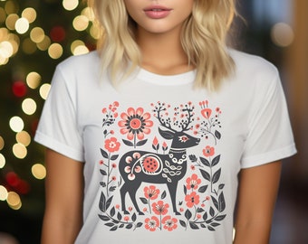 Christmas Reindeer Tshirt, Reindeer Shirt, Nordic Style T-Shirt, Floral Teeshirt, Abstract Shirt, Pressed Flowers Tee, Cottagecore Shirt