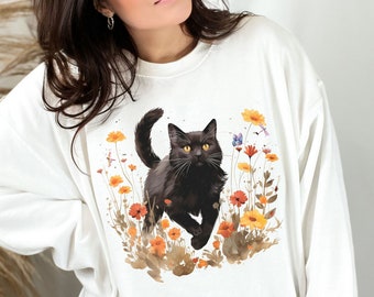 Sweat-shirt chat mignon, pull chat Cottagecore, sweat chat, pull fleuri bohème, chemise chat, chemise chat noir, haut bohème fleurs, amoureux des chats