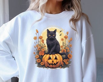 Katze Kürbis Halloween Sweatshirt, schwarze Katze Jack-O'-Lantern Pullover, süßes Witchy Sweatshirt, Cottagecore Herbst Sweatshirt, Katze Schule Pullover