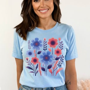 Vintage Wildflower T-shirt, wilde bloemen shirt, blauwe bloemen tshirt, rode bloem shirt, Boho bloemen shirt, abstracte bloemen, tuin minnaar cadeau