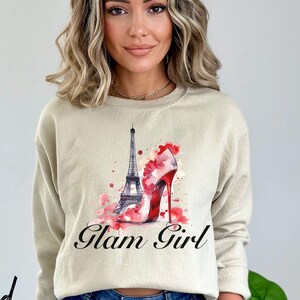 Glam Girl Eiffel Tower High Heel Sweatshirt, French Girls Stiletto Sweater, Designer Girl Sweatshirt, Fancy Parisian Heels Pullover