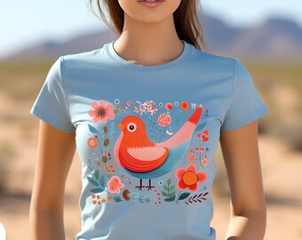Camisa de pájaro de arte popular boho, camisa de pájaro y flores, camiseta boho, camisa de flores, camisa cottagecore, camiseta de primavera boho, camiseta de pájaro floral