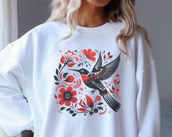 Abstract Hummingbird Sweater, Pressed Flowers Sweatshirt, Floral Pullover, Garden Lover Top, Wild Flowers Shirt, Boho Cottagecore Pullover