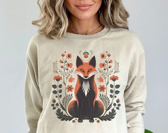 Sudadera Fox Cottagecore, suéter de flores prensadas, suéter de bosque vintage, jersey Forestcore, animal de vida silvestre del bosque, top de zorro abstracto