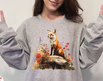 Fox Cottagecore Sweatshirt, Fox On A Stump Sweater, Vintage Forest Butterfly Sweater, Forestcore Pullover, Woodland Wildlife Animal, Fox Top