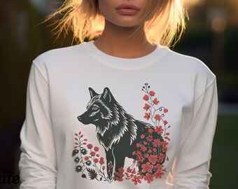 Wolf Cottagecore Sweatshirt, Pressed Flowers Sweater, Vintage Forest Sweater, Forestcore Pullover, Woodland Wildlife Animal, Boho Fall Shirt