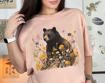 Bear Cottagecore Shirt, Pressed Flowers Tshirt, Vintage Forest Shirt, Forestcore Pullover, Woodland Wildlife Animal, Bear T-Shirt, Bear Tee