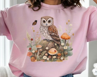 Snow Owl Sweatshirt, Owl Sweater, Mushroom  Shirt, Butterfly Sweater, Garden Lover Top, Nature Sweater, Owl Shirt, Owl Top, Floral Shirt