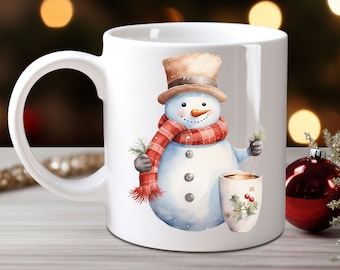 Snowman Coffee Mug, Snowmen Tea Cup, Christmas Holliday Mug, Xmas Mug, Snowman Mug, Holiday Gift, Cold Brew, Coffee Lover Gift, Candy Cane