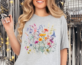 Cute Cottagecore Flowers Shirt, Floral Butterfly Tshirt, Boho Nature Shirt, Garden Lover Top, Wild Flowers Shirt, Wildflowers Floral T-Shirt