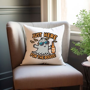 Beer Drinking Ghost Pillow, Just Here For Booos, Funny Ghost Pillow, Cute Halloween Pillow, Ghostly Home Decor, Spooky Season Decor