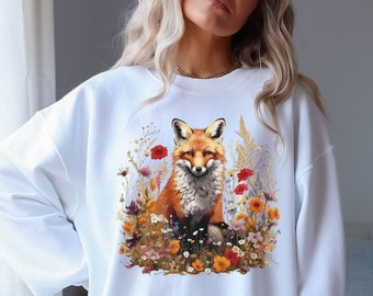 Moletom Fox Cottagecore, suéter de flores prensadas, suéter estético de bruxa florestal vintage, pulôver Forestcore, animal de vida selvagem da floresta