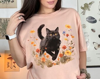 Cute Cat Shirt, Cat T-Shirt, Cat Tshirt, Gift For Cat Lover, Boho Floral Shirt, Pressed Flowers Shirt, Cat Lover Crewneck, Cat Mom Shirt