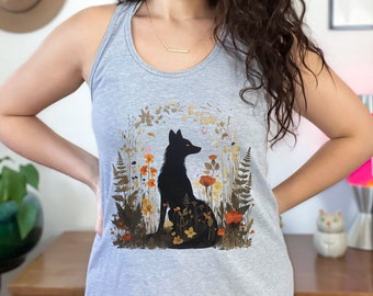 Fox Cottagecore Tank Top, Pressed Flower Tank, Forestcore Shirt, Butterfly Shirt, Vintage Wild Flowers Racerback, Boho Animal, Forest Shirt