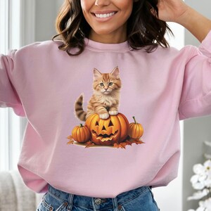 Kitten Pumpkin Fall Sweatshirt, Cat On Jack-O&#39;-Lantern Sweater, Boho Pumpkin Halloween Pullover, Cute Fall Sweat Shirt, Gift For Cat Lover