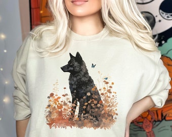 Wolf Cottagecore Sweatshirt, Pressed Flowers Sweater, Vintage Forest Butterfly Sweater, Forestcore Pullover, Woodland Wildlife Animal