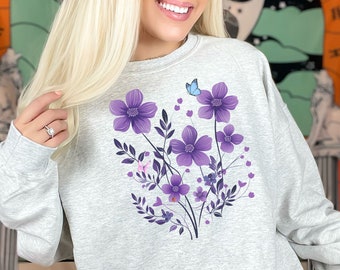 Purple Wildflowers Sweatshirt, Pressed Flowers Sweater, Cottagecore Floral Shirt, Wild Flowers Pullover, Boho Crewneck, Botanical Nature Top