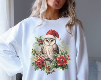Christmas Owl Sweatshirt, Owl Wearing Santa Hat Sweater, Christmas Flowers Pullover, Holliday Sweatshirt, Animal Lover Sweater, Owl Top