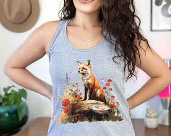 Cute Fox Tank Top, Fox On Stump Tank, Fox Shirt, Fox Tanktop, Cottagecore Fox Shirt, Racerback Tank Top, Boho Floral Shirt, Floral Fox Shirt