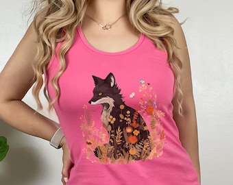 Cute Fox Tank Top, Young Fox Shirt, Fox Shirt, Fox T-Shirt, Cottagecore Fox Shirt, Racerback Tank Top, Boho Floral Shirt, Floral Fox Shirt