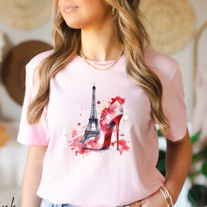 Eiffel Tower High Heel T-Shirt, French Girls Stiletto Tshirt, Parisian Red Bottoms Ladies Shirt, Glam Girlfriend Gift Idea, Paris Lover Gift