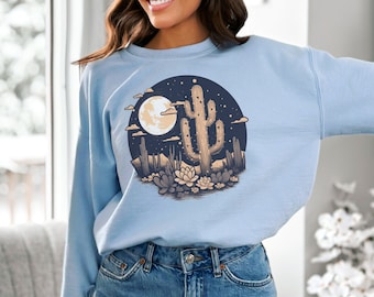 Boho Desert Sweatshirt, Outdoor Lover Sweater, Cactus Sweater, Nature-Inspired Sweatshirt, Vintage Desert Scene, Lunar Desert Shirt