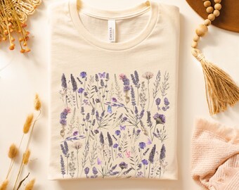Pressed Purple Flowers Butterflies Pullover Tshirt, Cottagecore Floral Shirt, Womens Flower Boho Tee, Lavendar Garden T-Shirt, Gift For Her