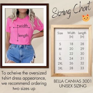 May include: A sizing chart for unisex t-shirts, showing the width and length in inches for sizes S through 3XL. The chart is labeled "BELLA CANVAS 3001 UNISEX SIZING".