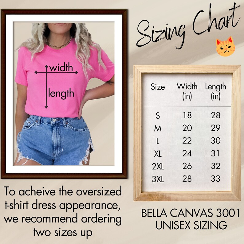 May include: A sizing chart for unisex t-shirts, showing the width and length in inches for sizes S through 3XL. The chart is labeled "BELLA CANVAS 3001 UNISEX SIZING".