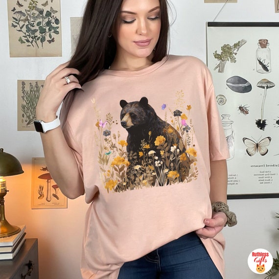Bear Cottagecore Shirt, Pressed Flowers Tshirt, Vintage Forest Shirt, Forestcore Pullover, Woodland Wildlife Animal, Bear T-Shirt, Bear Tee