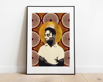 May include: A framed print of a black and white portrait of a man with a crown of light above his head. The background is a red, yellow, and white geometric pattern.