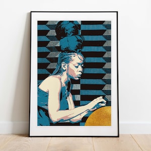 May include: A digital art print featuring a woman with a blue and black patterned background. Her hair is styled in a high bun with three blue spheres. She is wearing a blue dress and has a gold circle behind her.