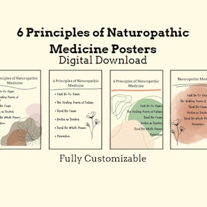 May include: Set of four printable posters with a minimalist design featuring abstract shapes and floral elements. The posters are titled "6 Principles of Naturopathic Medicine" and list the six principles of naturopathic medicine.